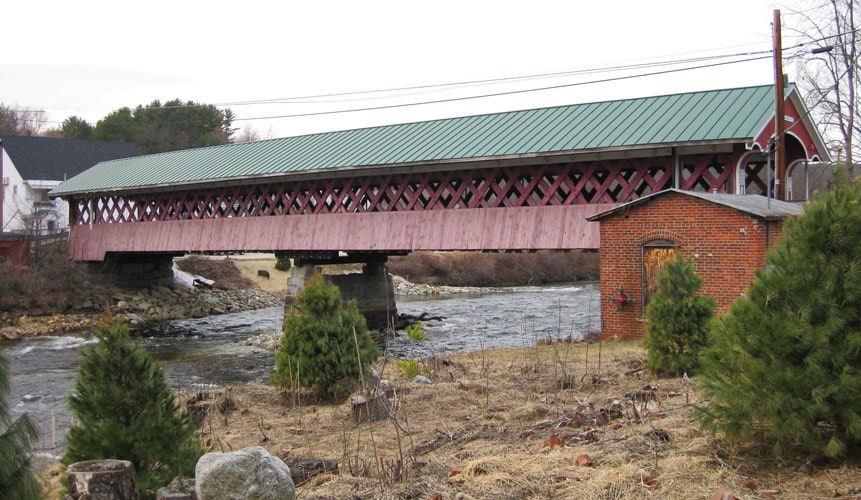 Thompson Covered Bridges, viewed from the bank of the Ashuelot River