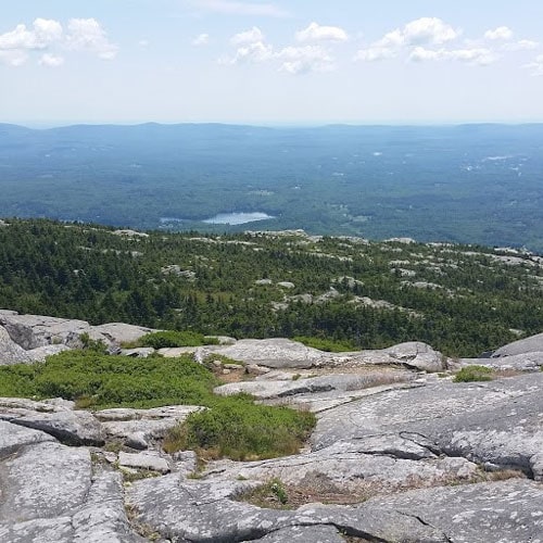 Panoramic view from the top of Mount Monadnock with trees and a lake visible in the distance