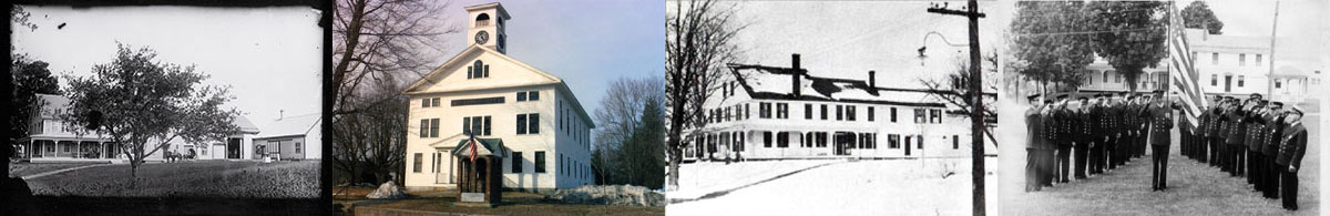 1. Whitcomb House, perhaps late 1800s (photo courtesy of Laurie Ray Paquin); 2. Whitcomb Hall; 3. Whitcomb House, perhaps early 1900s; 4. Whitcomb House, men in uniform with flag, taken from Whitcomb Hall, probably early to mid 1900s